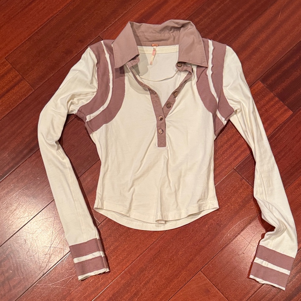 Free People Stylish Cream and Brown Women's Top knit with woven collar